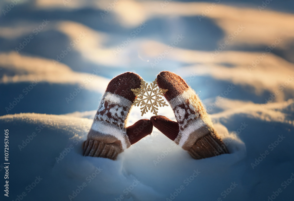 Poster a pair of mittens holds a snowflake in the snow with the sun setting behind them.