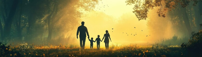 Fototapeta premium A family taking a walk in the park, holding hands and enjoying nature