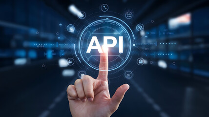 API application programming interface, a finger touch a hologram virtual interface that hologram of API, API integration, API development, JSON, API documentation, 
