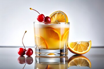 A Refreshing Whiskey Sour Cocktail on a Crisp White Background Perfect for Beverage Menus and Cocktail Recipes