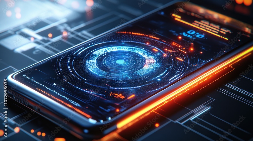 Aufkleber futuristic smartphone with a glowing interface, displaying a progress bar and a circular hud.