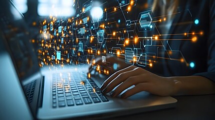 Digital training and e-learning icons on laptop screen, businessman attending virtual webinar, modern office