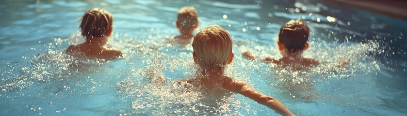 Parents teaching kids to swim, splashing in the shallow end of a pool