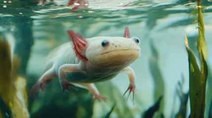 Obraz premium An albino axolotl with feathery gills and large, dark eyes swims in a tank with green aquatic plants.