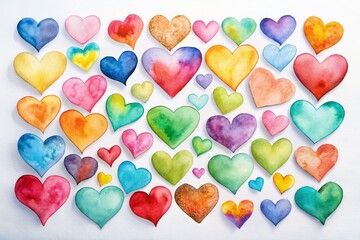 Obraz premium A Vibrant Collection of Watercolor Hearts in Various Shapes and Sizes for Minimalist Photography, Perfect for Celebrating Love, Affection, and Artistic Expression