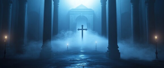 Church Interior with Cross and Fog