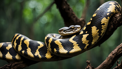Fototapeta premium Python coiled on a forest tree branch, Ai Generated