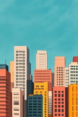 Fototapeta premium Colorful city skyline against a blue sky.