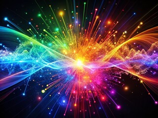 Naklejka premium Vivid electromagnetic spectrum illustration featuring dynamic neon particles and lines against a bold black background,