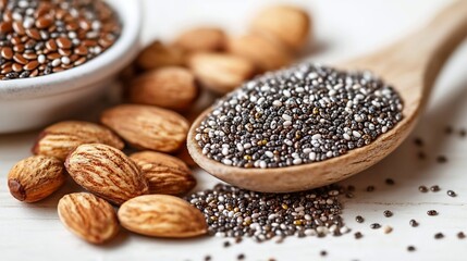 Fototapeta premium Macro Shot of Chia Seeds,Almonds and Flax on Wooden Spoon with Clean White Background