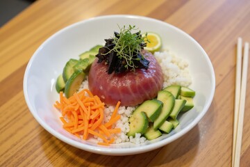 Fresh tuna poke bowl with mixed vegetables, rice, and seaweed garnish on wooden table