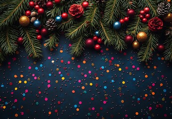 Christmas Tree Branches with Ornaments and Festive Confetti.