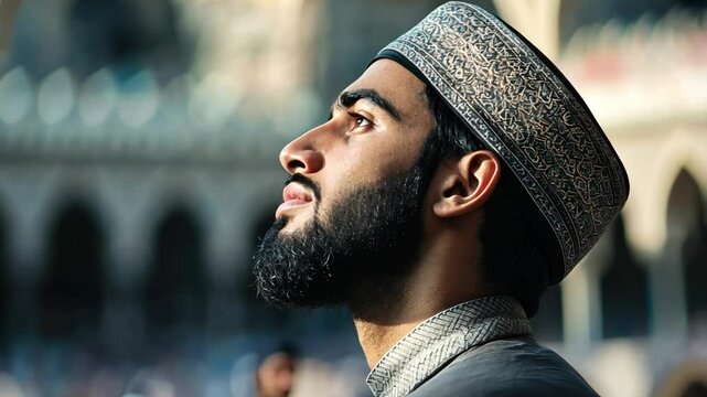 Handsome Muslim man during pilgrimage, with a focus on his profile.