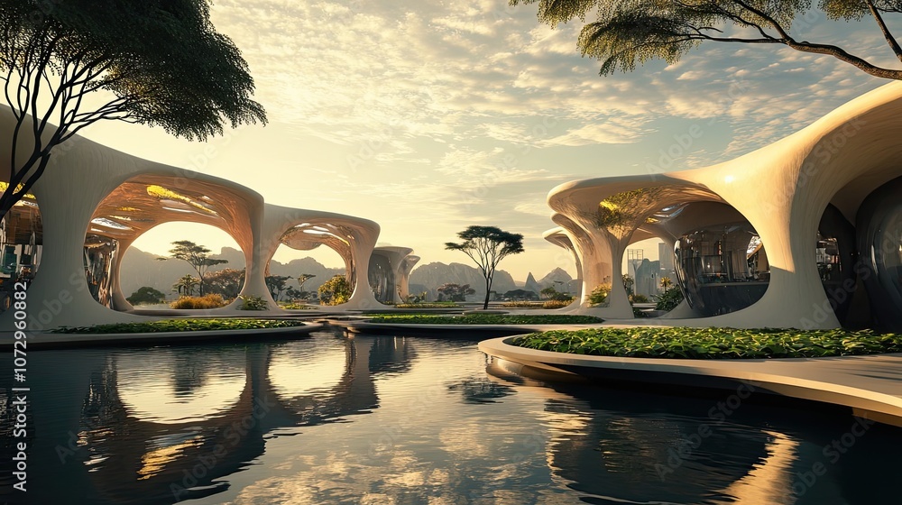 Poster modern architectural structure with reflective surfaces and a water feature