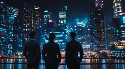Abstract business team stands on the peak of success amid tall, innovative Smart city and graphs with statistics to analyze business potential and predict future developments in company growth.