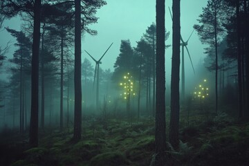 Naklejka premium A mystical forest scene with tall trees and glowing lights. Wind turbines stand silently in the background. A blend of nature and technology awaits you. Generative AI