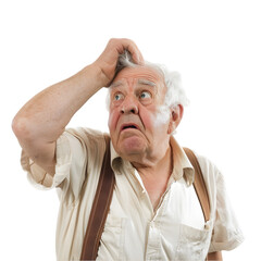 A senior man with white hair, wearing suspenders, with a puzzled expression and scratching his head, isolated on white background