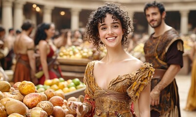 Vibrant Market Scene with Smiling Woman in Ancient Attire