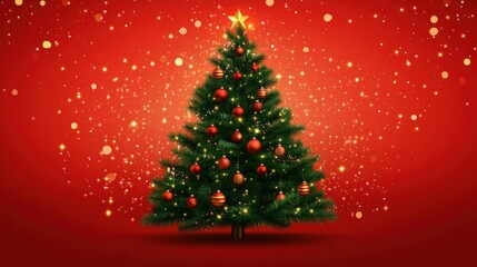 Festive christmas tree decorated with ornaments and glowing bokeh lights on a vibrant red background