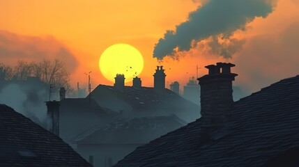 A hazy sunset over a cityscape with smoke rising from chimneys.