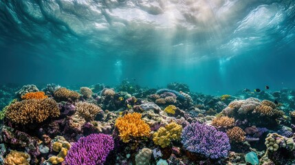 Naklejka premium Underwater view of vibrant coral reef with colorful fish and sunbeams shining through the water.