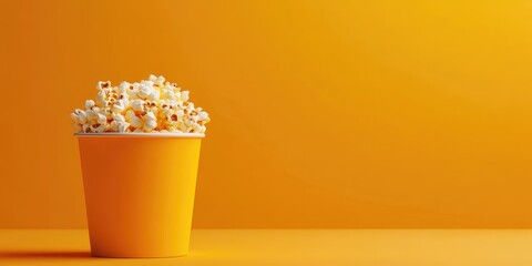 Minimalistic popcorn bucket banner on vibrant yellow background for movie night