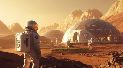 Astronauts exploring a Martian colony with a dome and vegetation