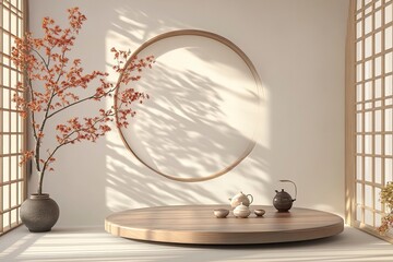 Happy Mid Autumn festival podium display mockup background, Chinese new year, gong xi fa cai, template, 3D rendering illustration. with generative ai