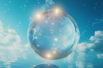 A semi transparent gelatinous ball floating on a blue background