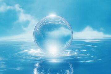 A semi transparent gelatinous ball floating on a blue background