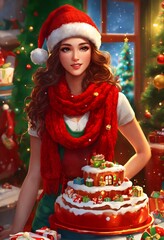 girl in santa hat with christmas tree. Beautiful Santa Girl 