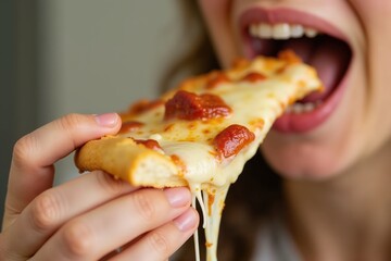 Close-up of person enjoying cheesy pepperoni pizza slice with gooey melted cheese