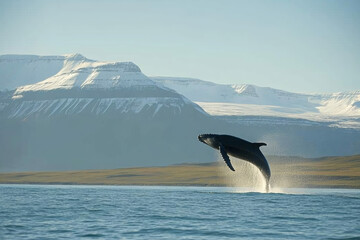 Fototapeta premium Wide angle shot of a whale leaps out of the water in Iceland, with snow-capped mountains in the background.