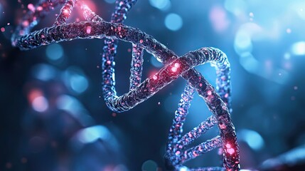 Close-up of a Double Helix DNA Strand with Glowing Red and Blue Particles