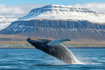 Naklejka premium A majestic humpback whale breaching the surface of Iceland's cold waters, with snow-capped mountains in the background, creating an awe-inspiring sight, wide-angled, landscape photography.