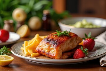 Grilled salmon fillet with french fries and fresh strawberries on a rustic table setting
