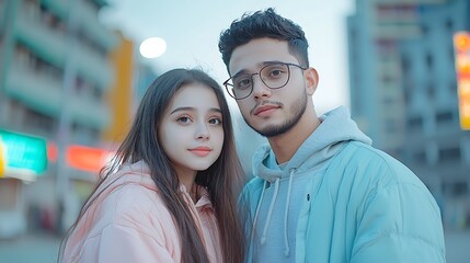 Fototapeta premium Young couple embraces urban lifestyle in colorful clothing amid city backdrop