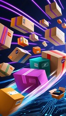 Dynamic delivery of colorful packages racing through a futuristic digital landscape at high speed. Generative AI