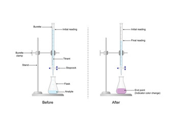 Titration procedure. Titrant in a burette and analyte in a conical flask, scientific experiment in the laboratory. Scientific vector illustration.	
