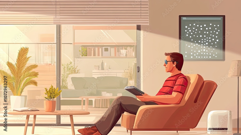 Poster man relaxing in an armchair by a window with a book