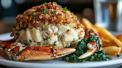 Stuffed blue crab, close-up on a white plate. Focus on textures, colors, and savory details. Clean, elegant look.