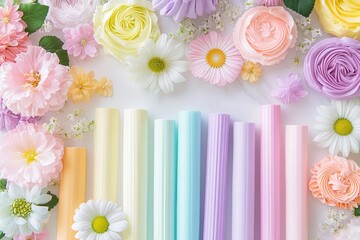 Obraz premium A flat lay of colorful paper rolls and pastel flowers on a white background.