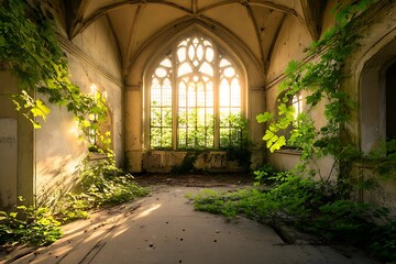 Fototapeta premium Sunlit Room in an Abandoned Building with Overgrown Vines