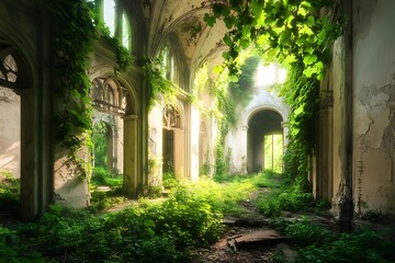 Obraz premium Sunlit Overgrown Ruins of an Arched Hallway