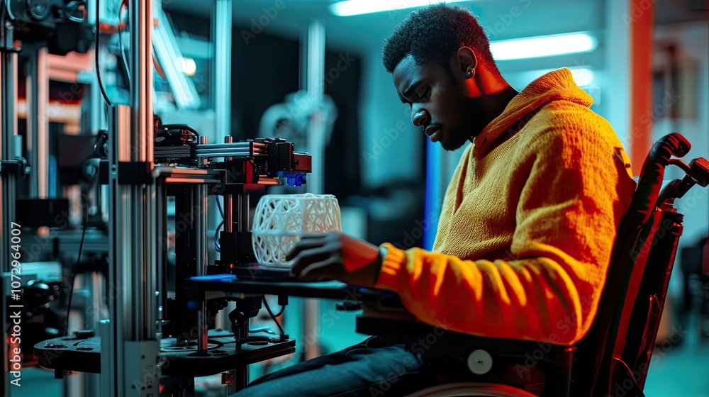 Aufkleber young man in wheelchair using a 3d printer to create a geometric object
