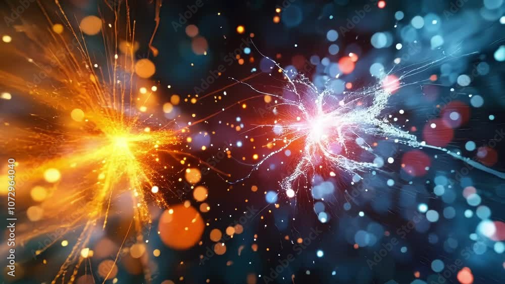 Poster the interaction between the two quarks resembles a cosmic collision of stars.
