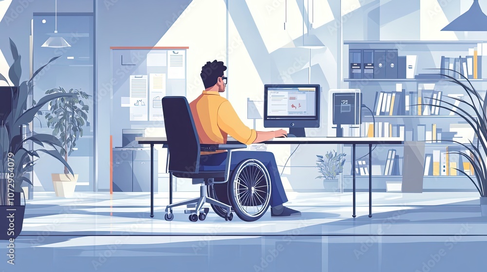 Aufkleber man in a wheelchair working at a computer in an office