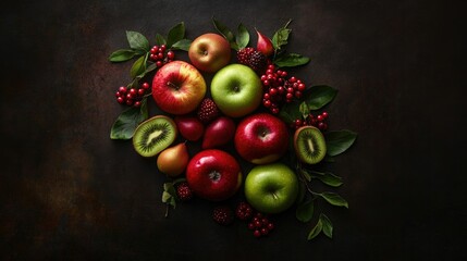 Top-down view of an assortment of fruits in a flat lay, showcasing apples, kiwis, and berries in a vibrant, fresh arrangement.