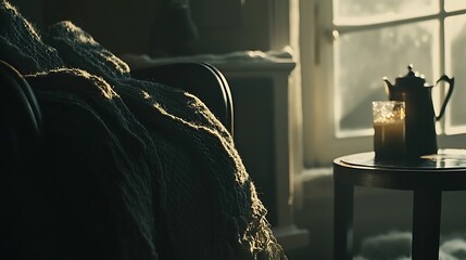 A cozy corner with a knitted blanket, candle, and teapot, inviting relaxation and warmth.