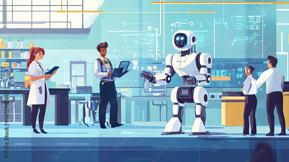 Poster human and robot team working in modern tech lab